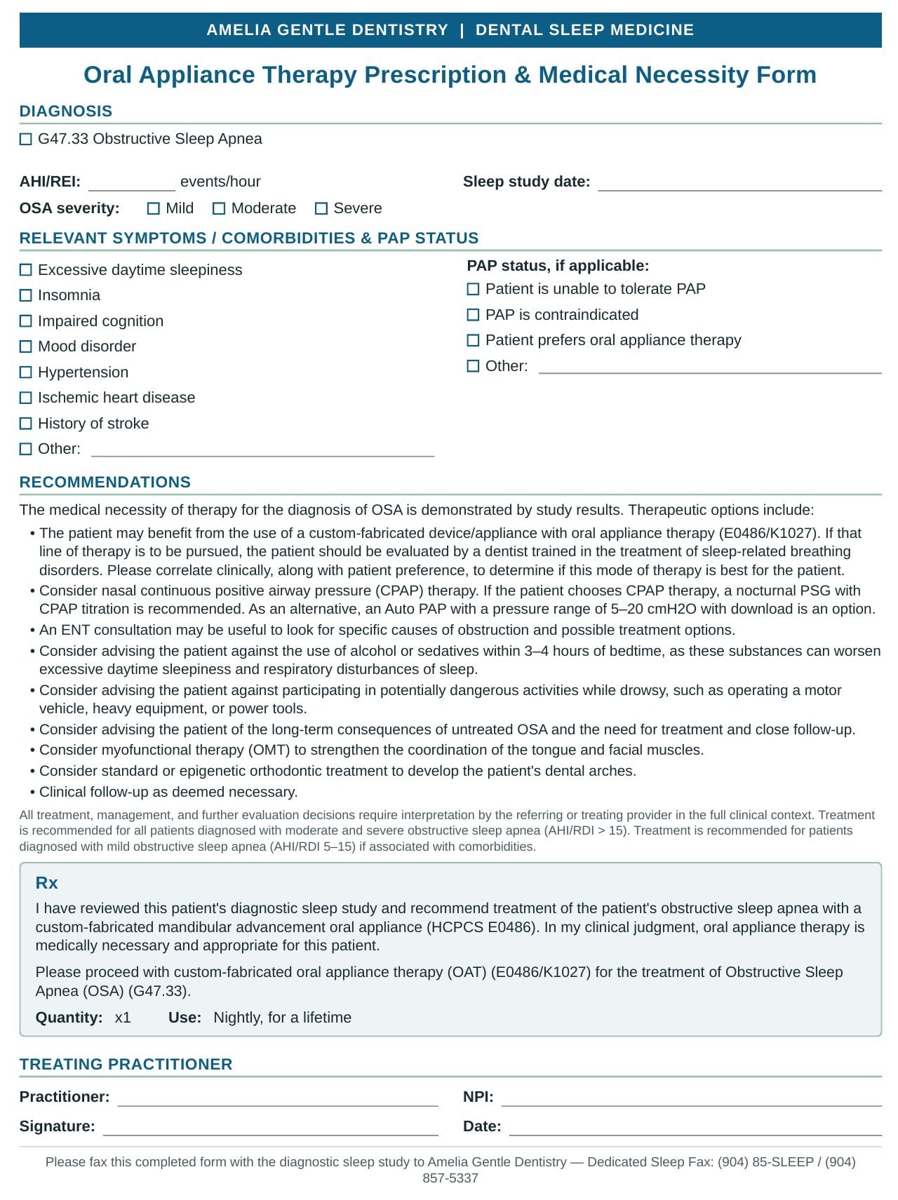 Preview of the OAT Prescription and Medical Necessity form
