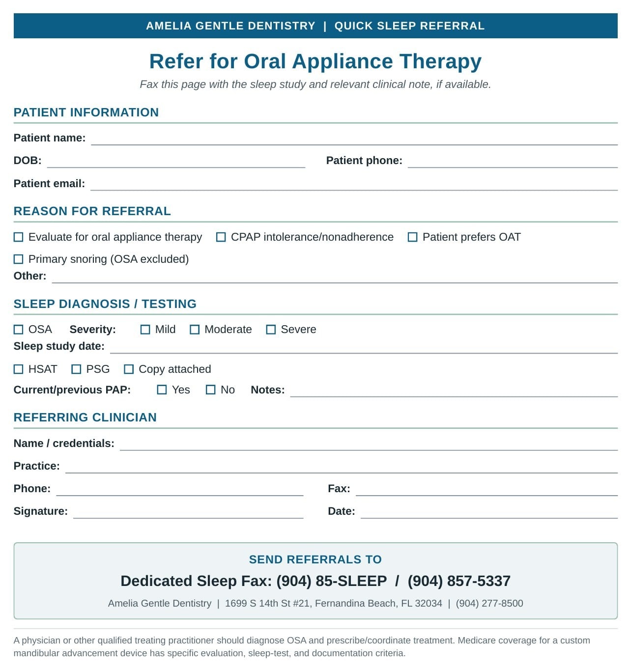 Preview of the Quick Sleep Referral form